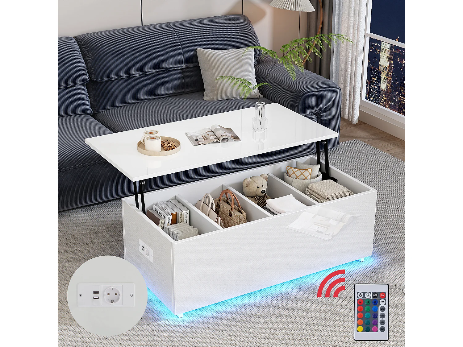 Table basse moderne blanche laquée avec éclairage LED et rangement caché, panneau de particules, (100x50x35 cm)