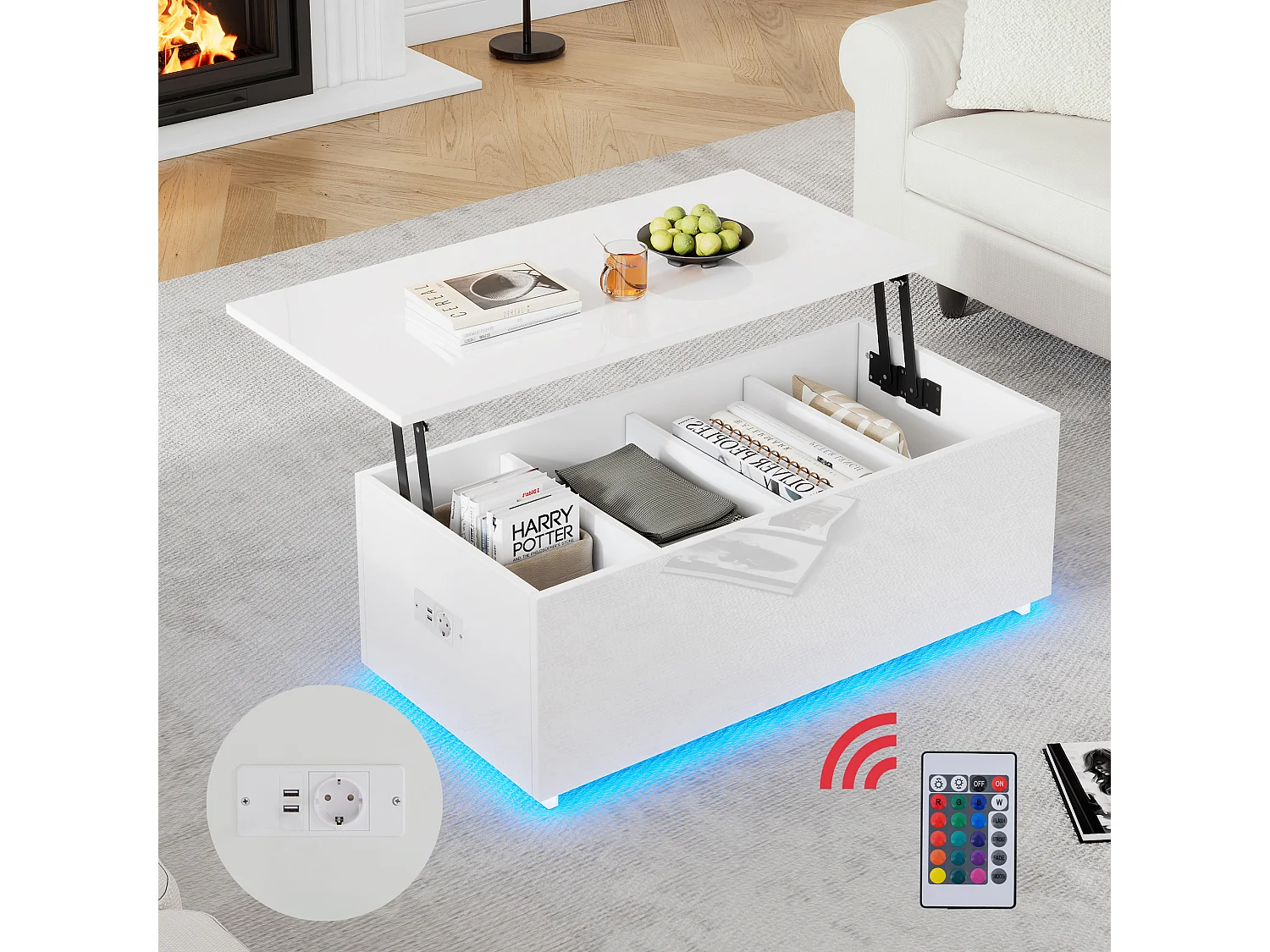 Table basse moderne blanche laquée avec éclairage LED et rangement caché, panneau de particules, (100x50x35 cm)