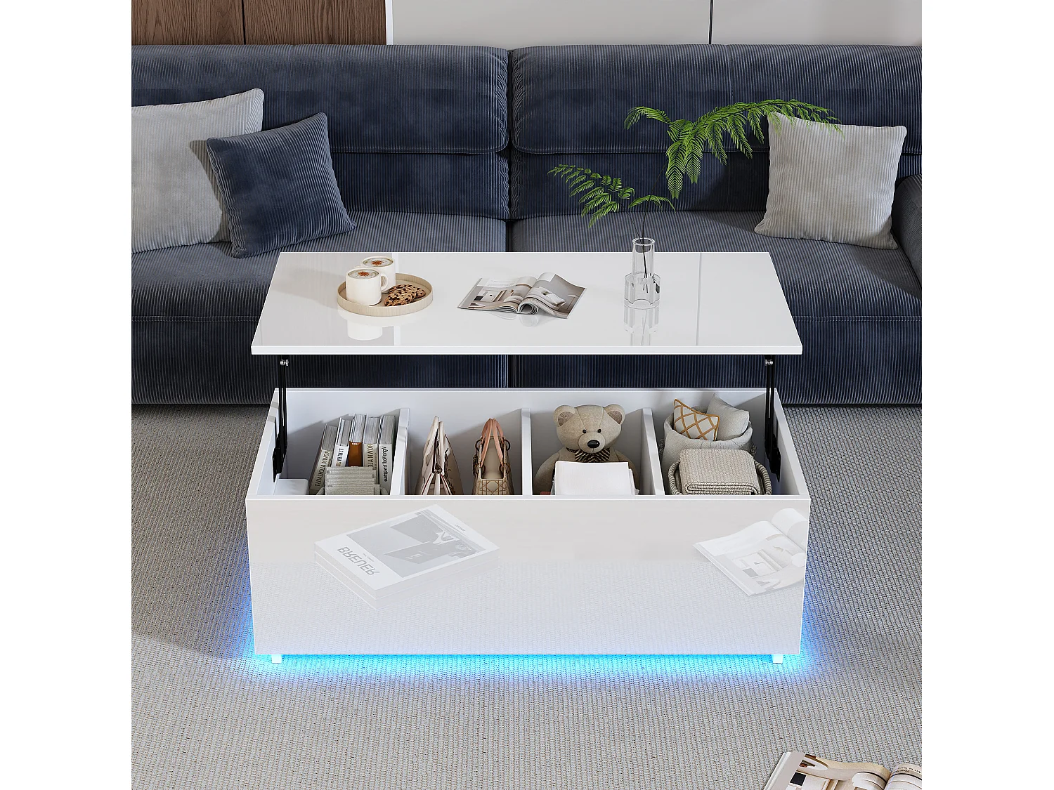 Table basse moderne blanche laquée avec éclairage LED et rangement caché, panneau de particules, (100x50x35 cm)