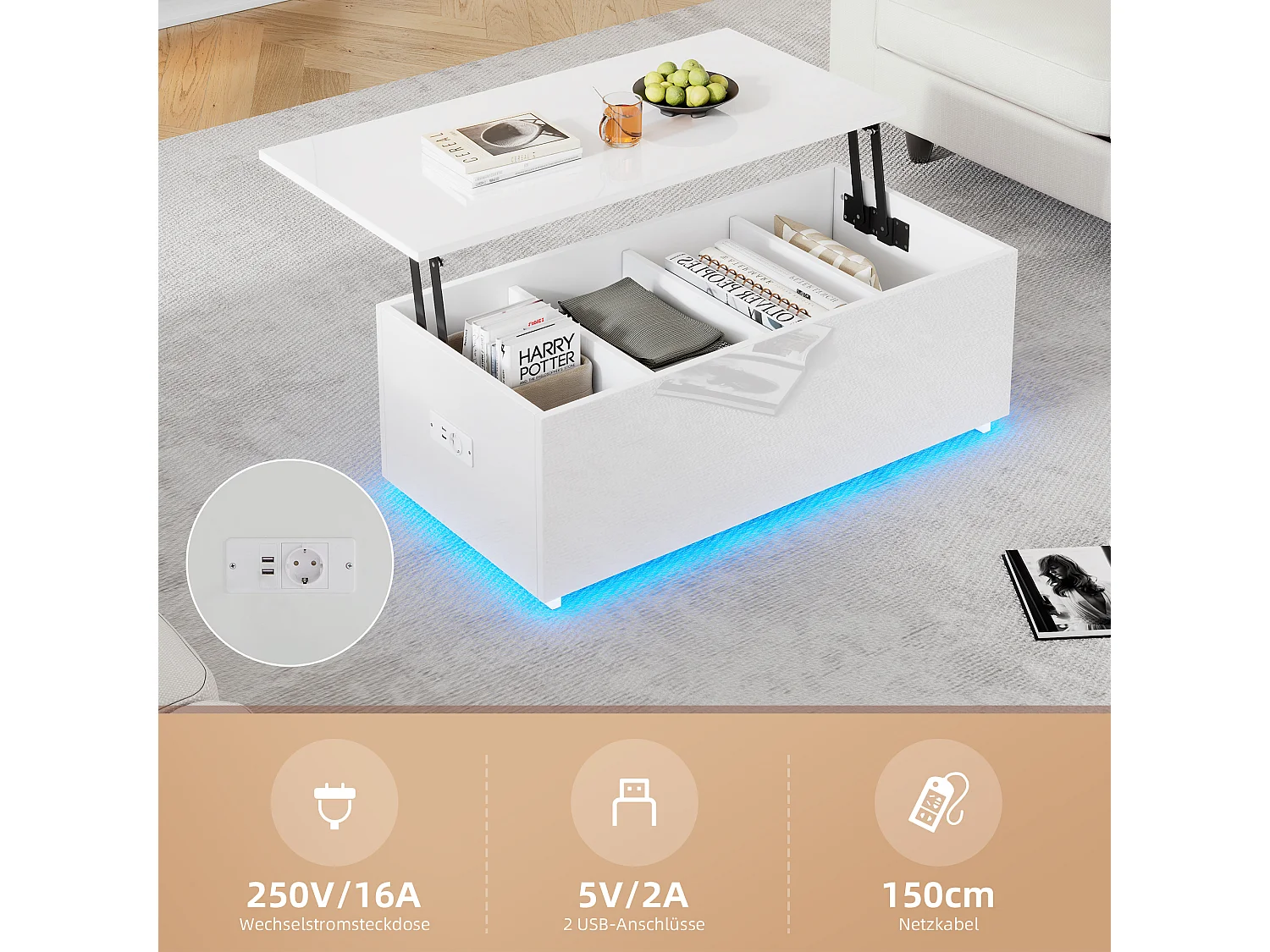 Table basse moderne blanche laquée avec éclairage LED et rangement caché, panneau de particules, (100x50x35 cm)