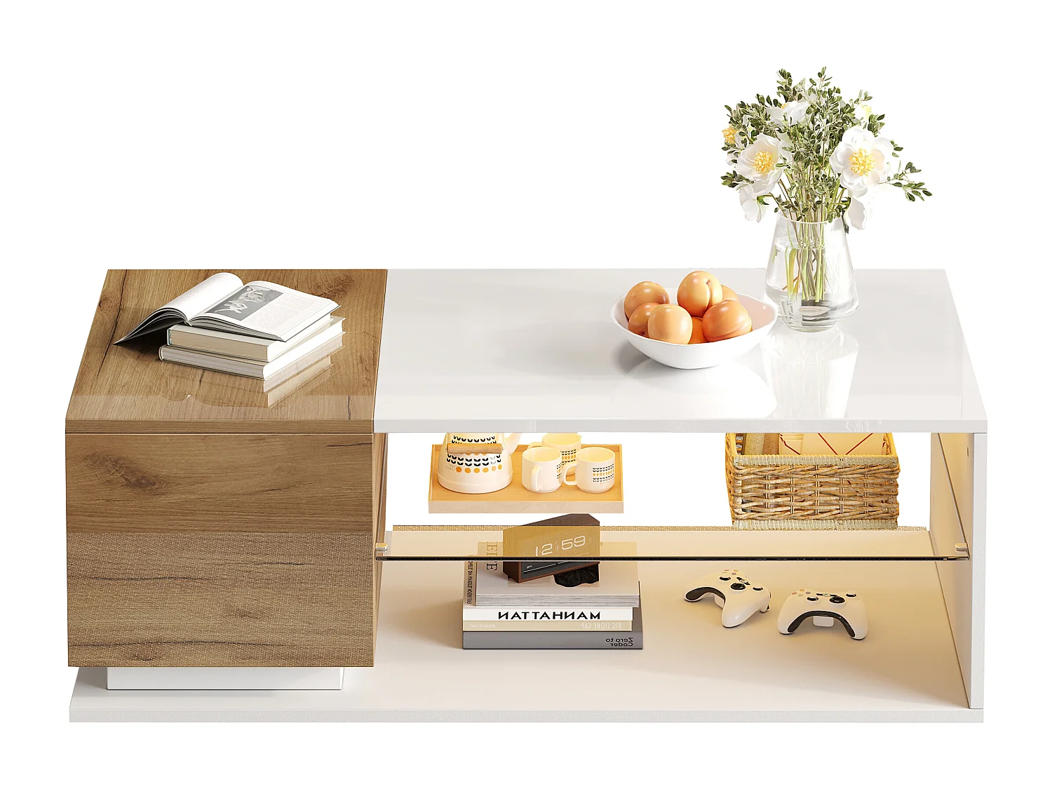 Mesa de centro LED moderna con tablero de cristal templado, espacio de almacenamiento integrado y tablero de partículas de roble y blanco (105 x 50 x 36 cm)