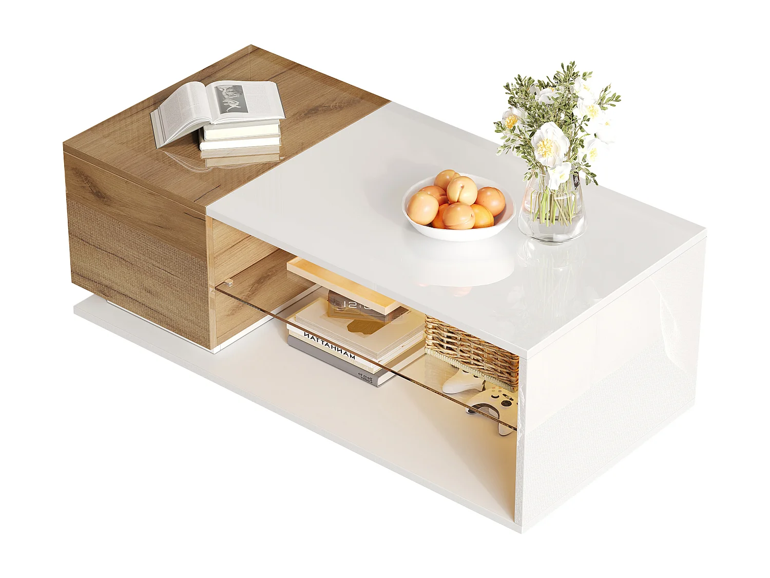 Mesa de centro LED moderna con tablero de cristal templado, espacio de almacenamiento integrado y tablero de partículas de roble y blanco (105 x 50 x 36 cm)