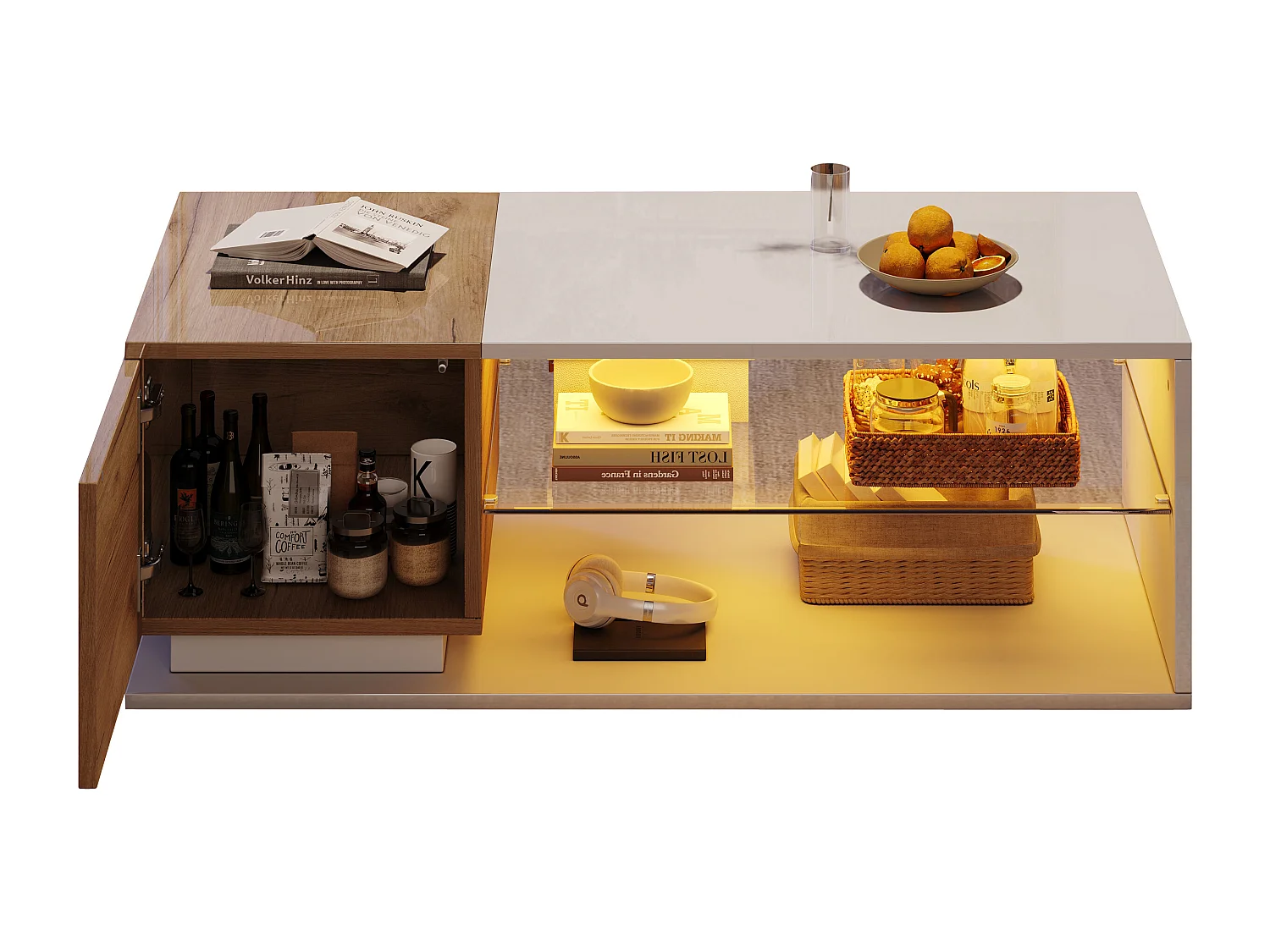 Mesa de centro LED moderna con tablero de cristal templado, espacio de almacenamiento integrado y tablero de partículas de roble y blanco (105 x 50 x 36 cm)