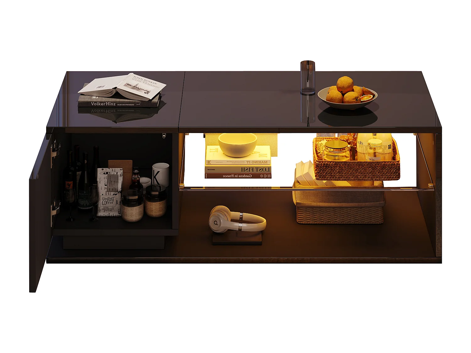 Table basse LED moderne avec rangement, panneau de particules et verre trempé, noir, luminosité réglable par application (105x50x36cm)