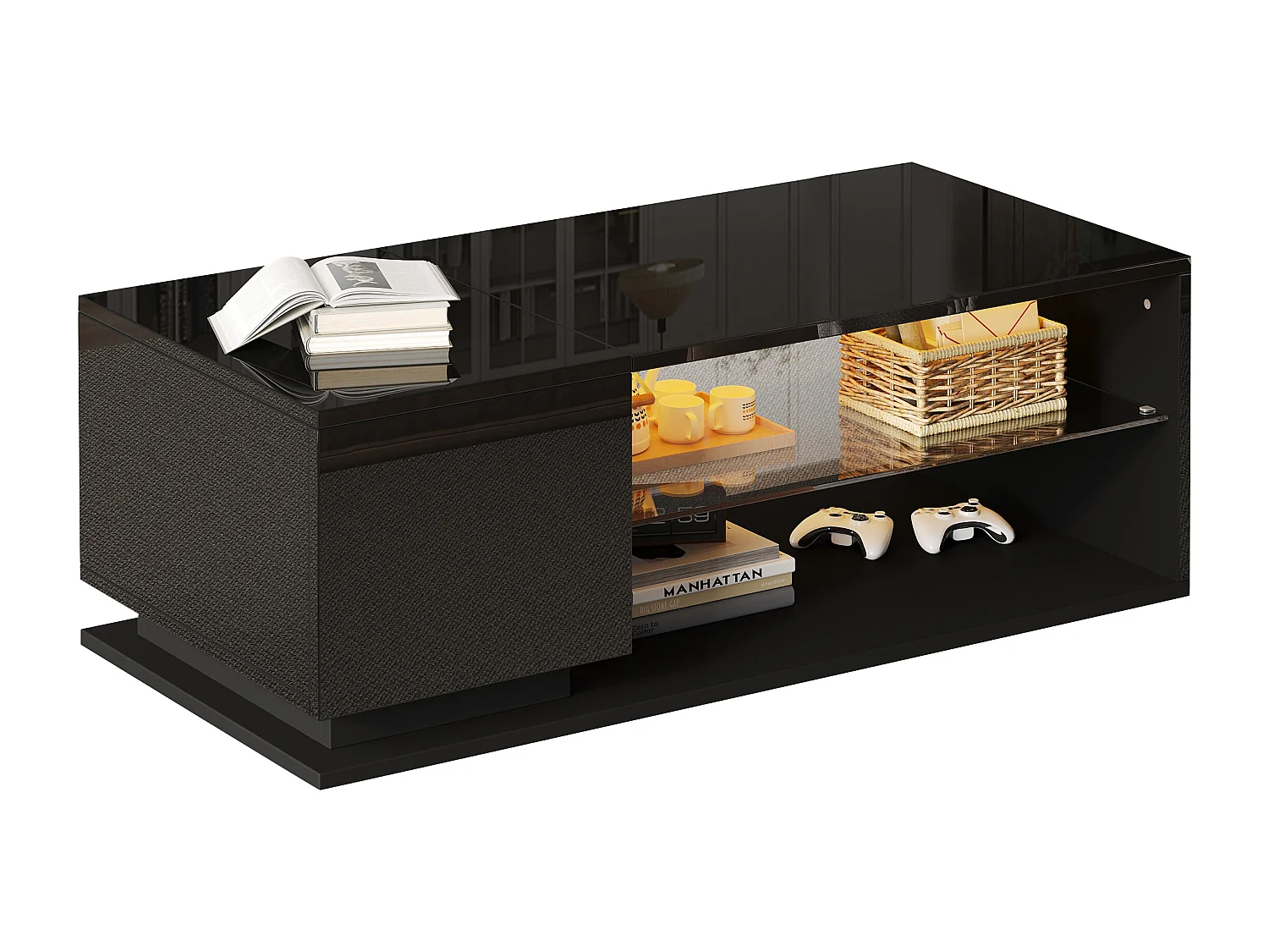 Table basse LED moderne avec rangement, panneau de particules et verre trempé, noir, luminosité réglable par application (105x50x36cm)