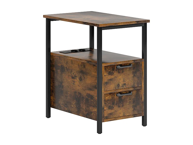 Tavolino con stazione di ricarica, USB e prese elettriche, 2 cassetti, ripiano, legno, colore rustico (55x35x58,5 cm)