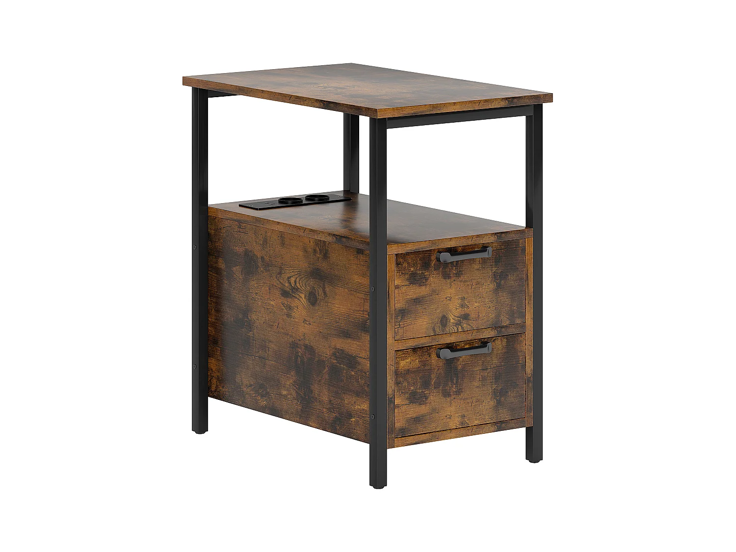 Tavolino con stazione di ricarica, USB e prese elettriche, 2 cassetti, ripiano, legno, colore rustico (55x35x58,5 cm)