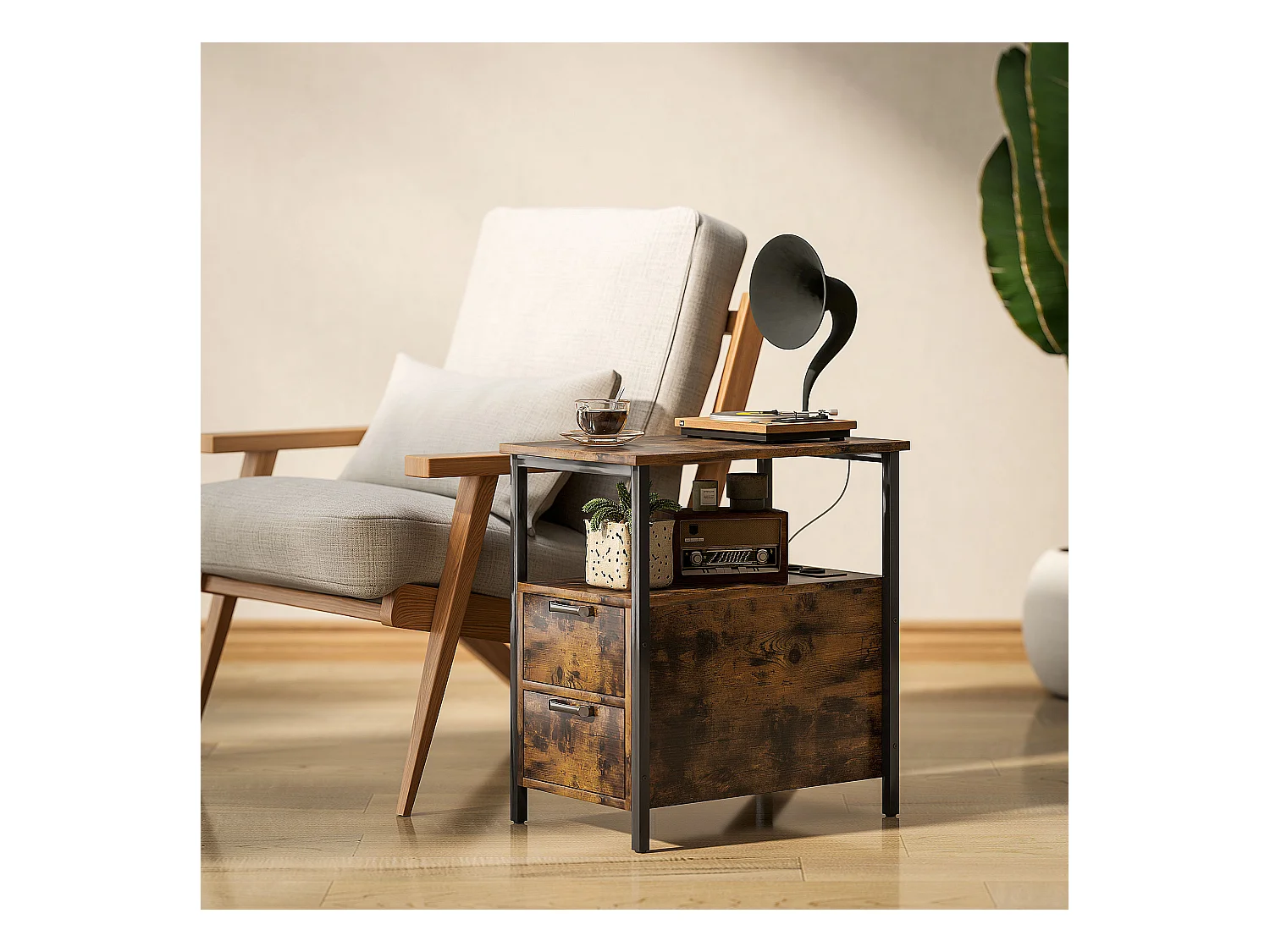 Tavolino con stazione di ricarica, USB e prese elettriche, 2 cassetti, ripiano, legno, colore rustico (55x35x58,5 cm)