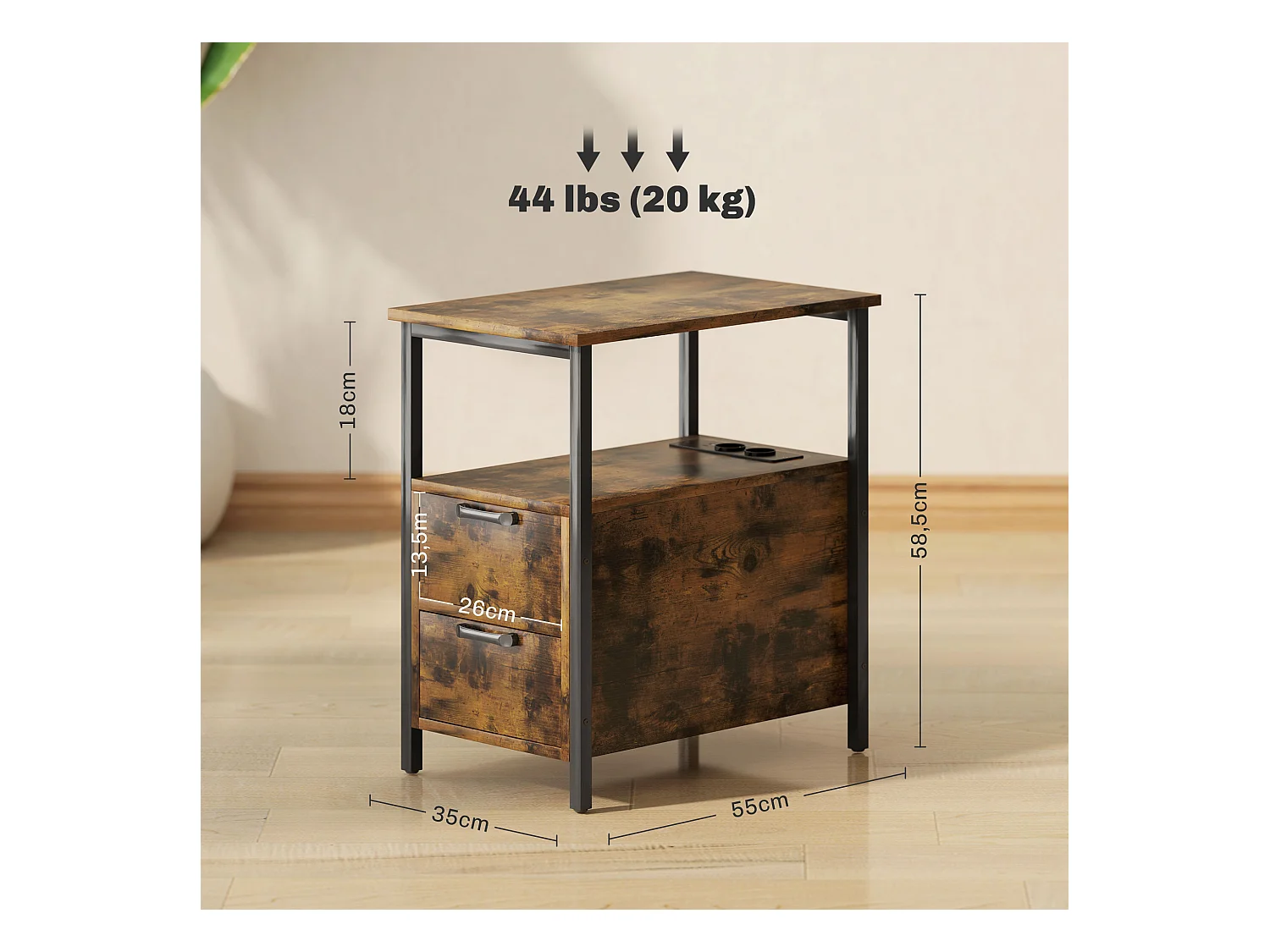 Tavolino con stazione di ricarica, USB e prese elettriche, 2 cassetti, ripiano, legno, colore rustico (55x35x58,5 cm)