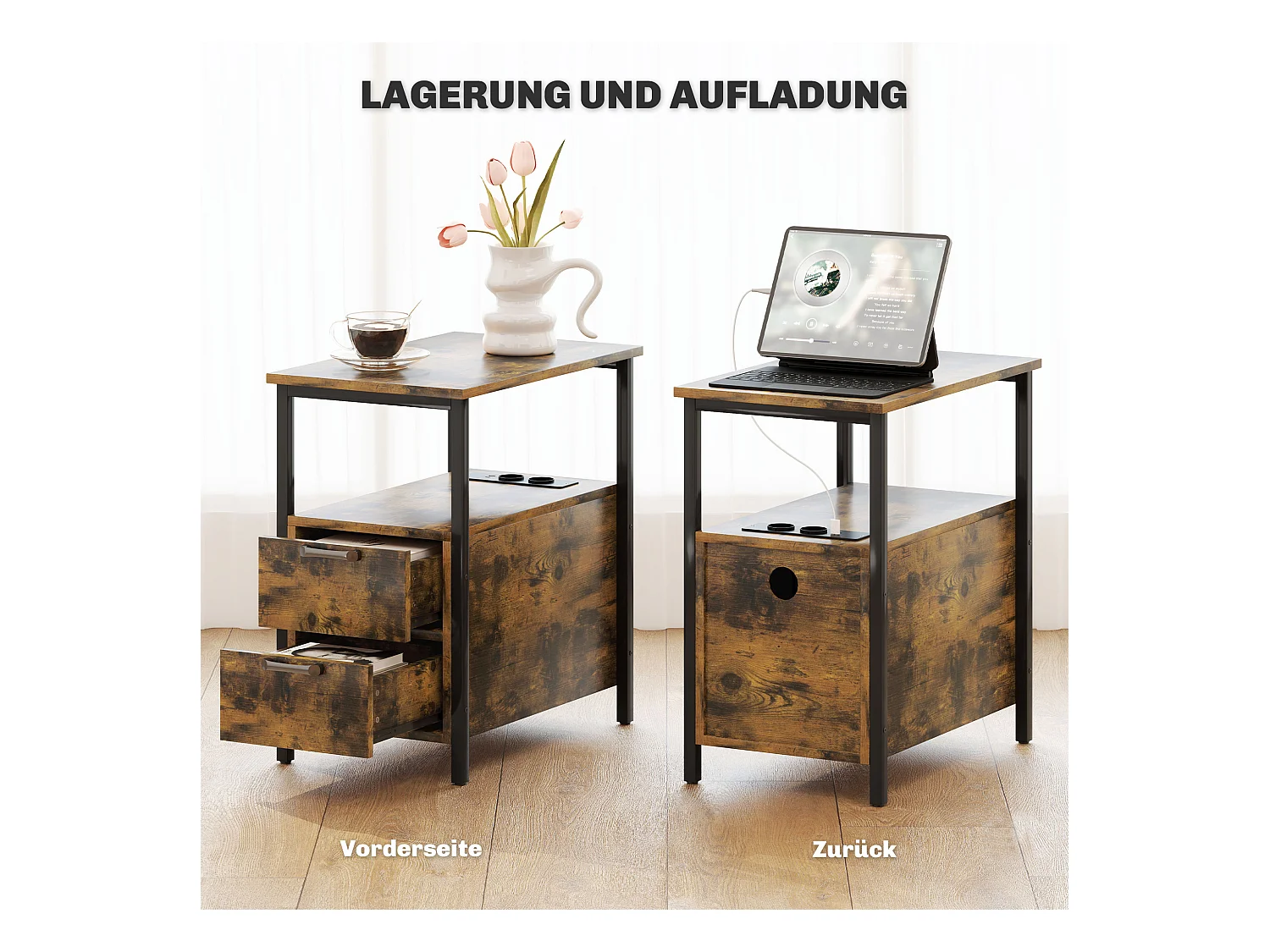 Tavolino con stazione di ricarica, USB e prese elettriche, 2 cassetti, ripiano, legno, colore rustico (55x35x58,5 cm)