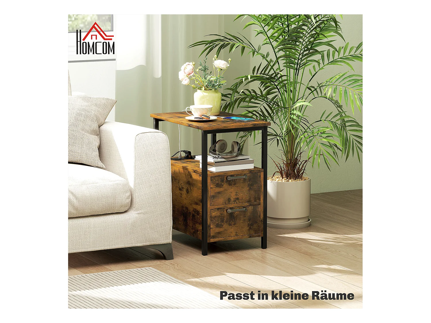 Tavolino con stazione di ricarica, USB e prese elettriche, 2 cassetti, ripiano, legno, colore rustico (55x35x58,5 cm)