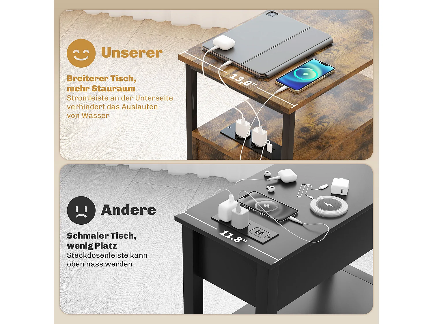 Tavolino con stazione di ricarica, USB e prese elettriche, 2 cassetti, ripiano, legno, colore rustico (55x35x58,5 cm)