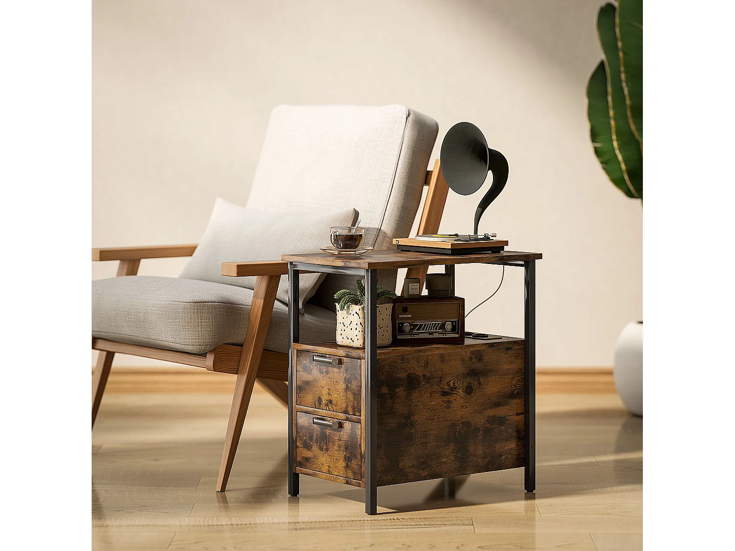 Bijzettafel met oplaadstation, USB- en stopcontacten, 2 lades, plank, hout, rustieke kleur (55x35x58,5 cm)