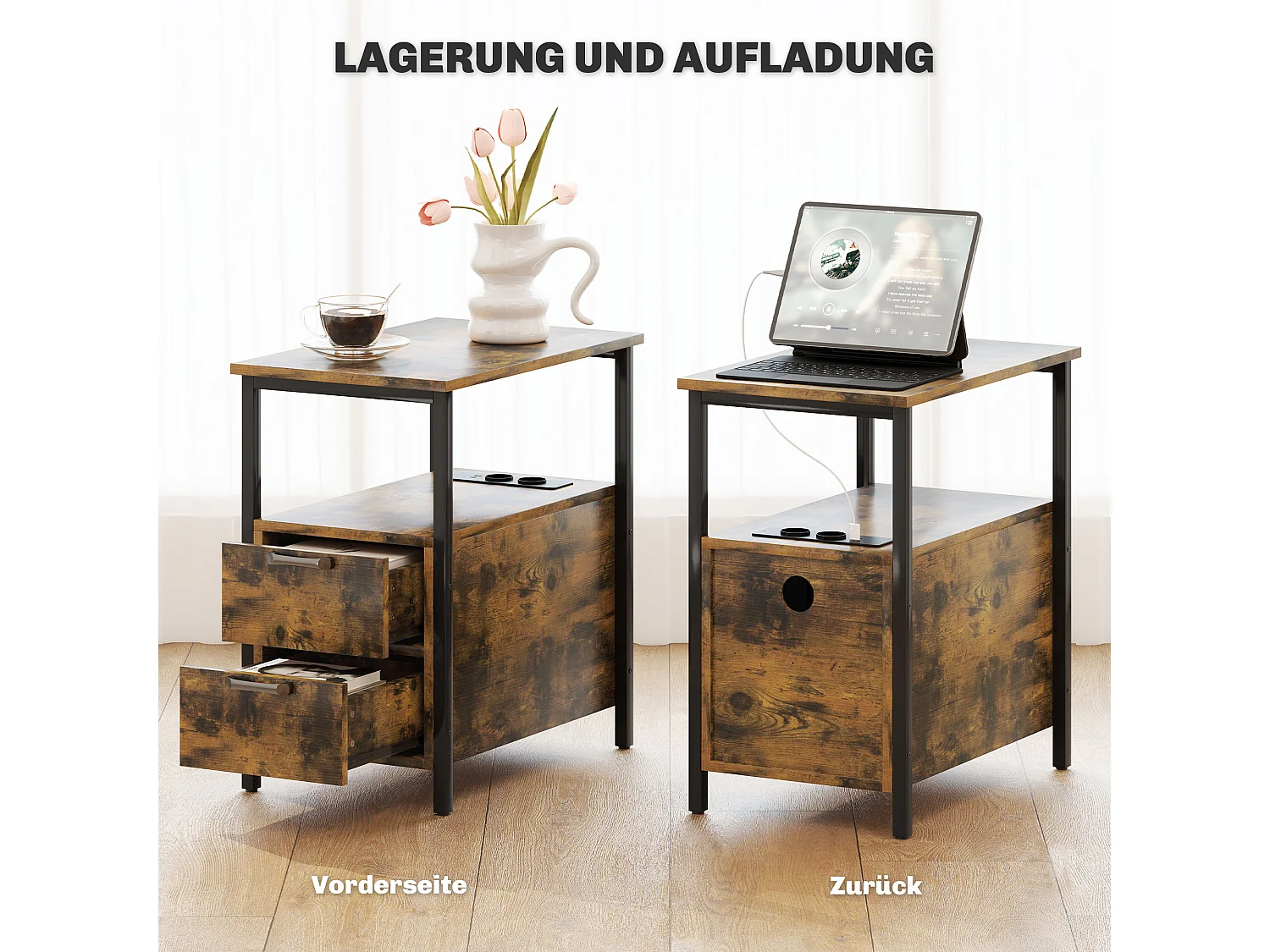 Bijzettafel met oplaadstation, USB- en stopcontacten, 2 lades, plank, hout, rustieke kleur (55x35x58,5 cm)