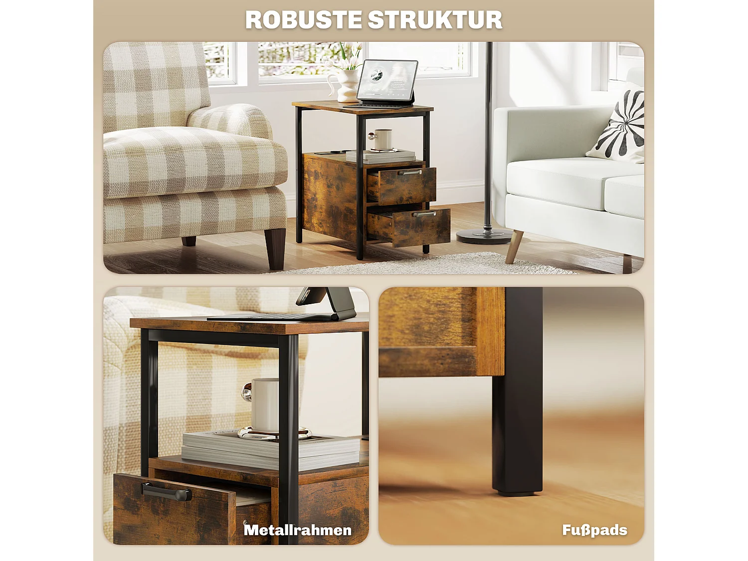 Bijzettafel met oplaadstation, USB- en stopcontacten, 2 lades, plank, hout, rustieke kleur (55x35x58,5 cm)