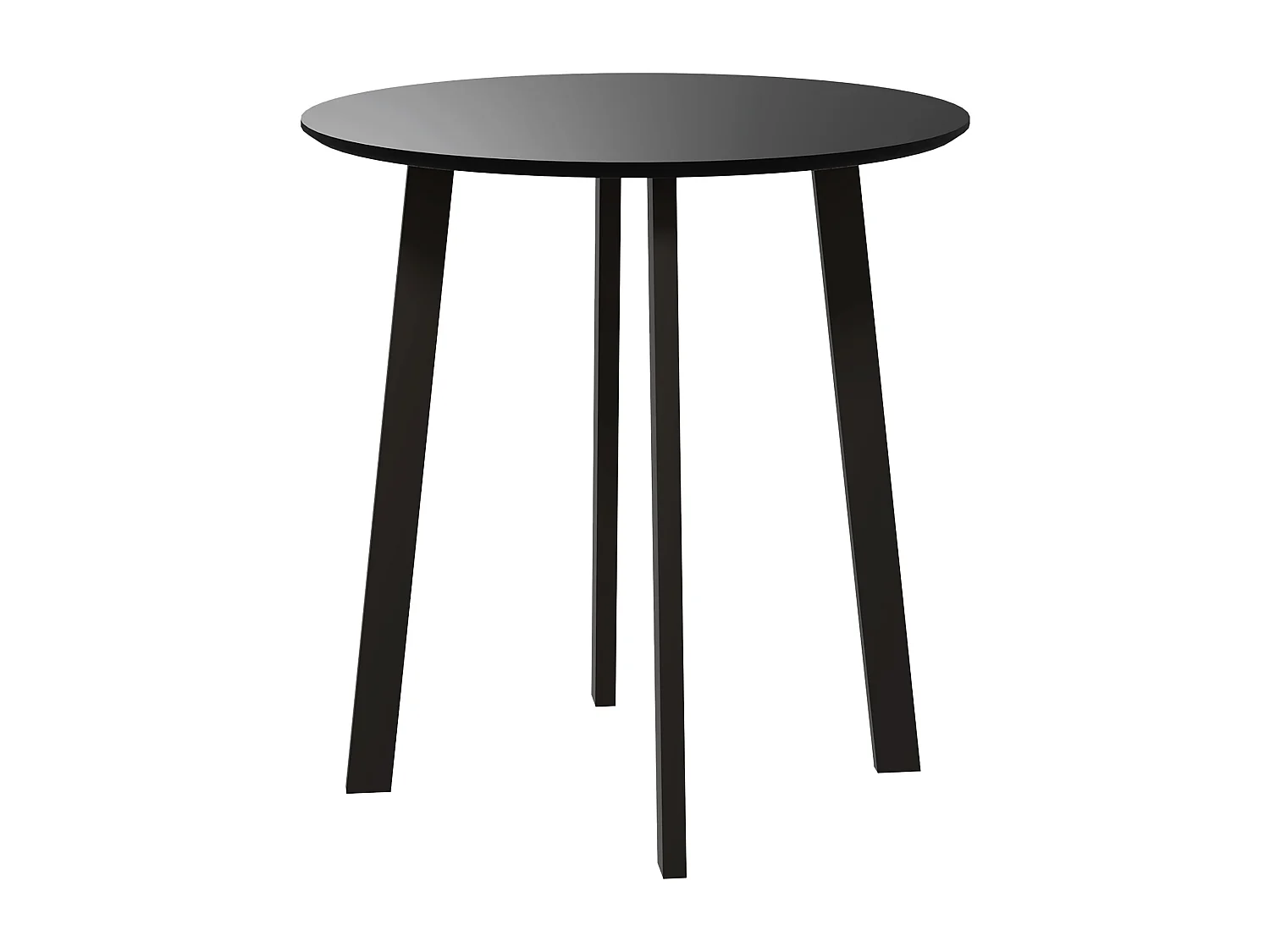 Ronde eettafel, zwart gelakt MDF-blad, schuine metalen poten, modern design (Ø72x75cm)