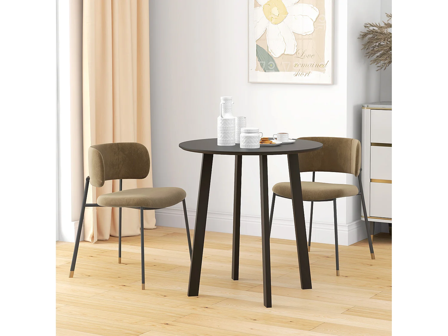 Ronde eettafel, zwart gelakt MDF-blad, schuine metalen poten, modern design (Ø72x75cm)