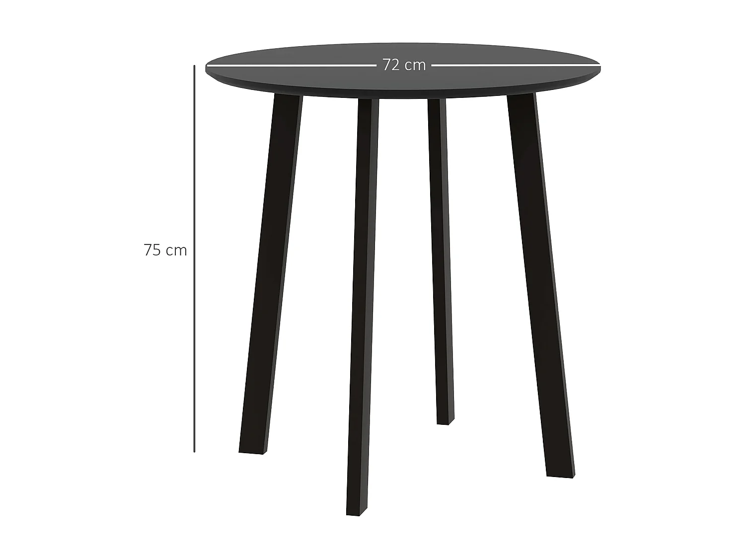 Ronde eettafel, zwart gelakt MDF-blad, schuine metalen poten, modern design (Ø72x75cm)