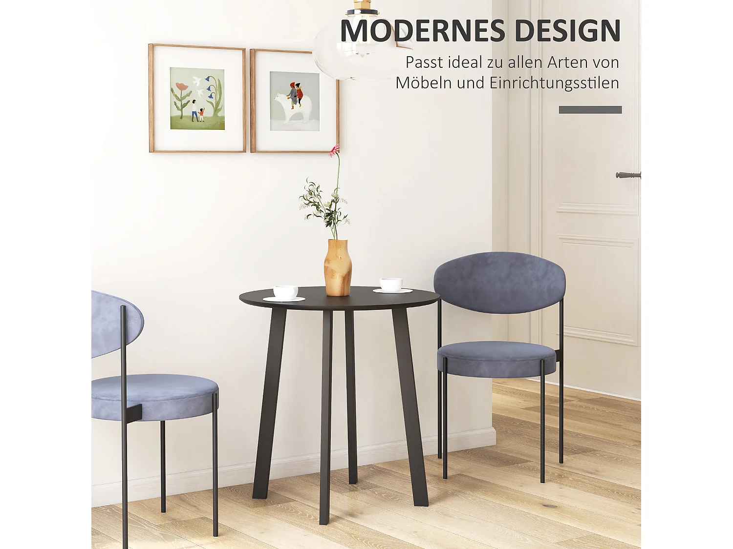 Ronde eettafel, zwart gelakt MDF-blad, schuine metalen poten, modern design (Ø72x75cm)