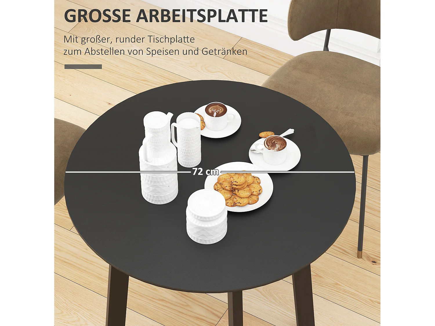 Ronde eettafel, zwart gelakt MDF-blad, schuine metalen poten, modern design (Ø72x75cm)