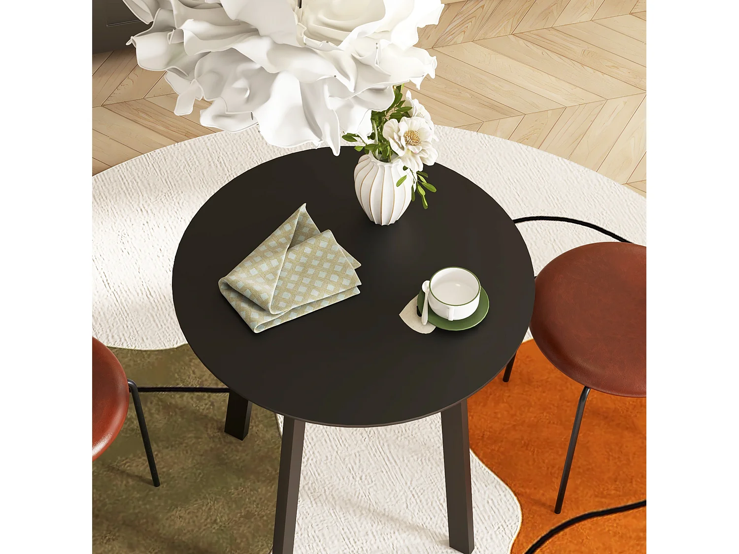 Ronde eettafel, zwart gelakt MDF-blad, schuine metalen poten, modern design (Ø72x75cm)