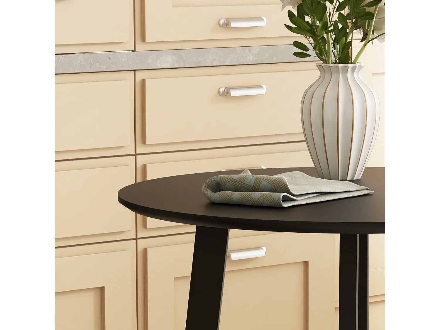 Ronde eettafel, zwart gelakt MDF-blad, schuine metalen poten, modern design (Ø72x75cm)