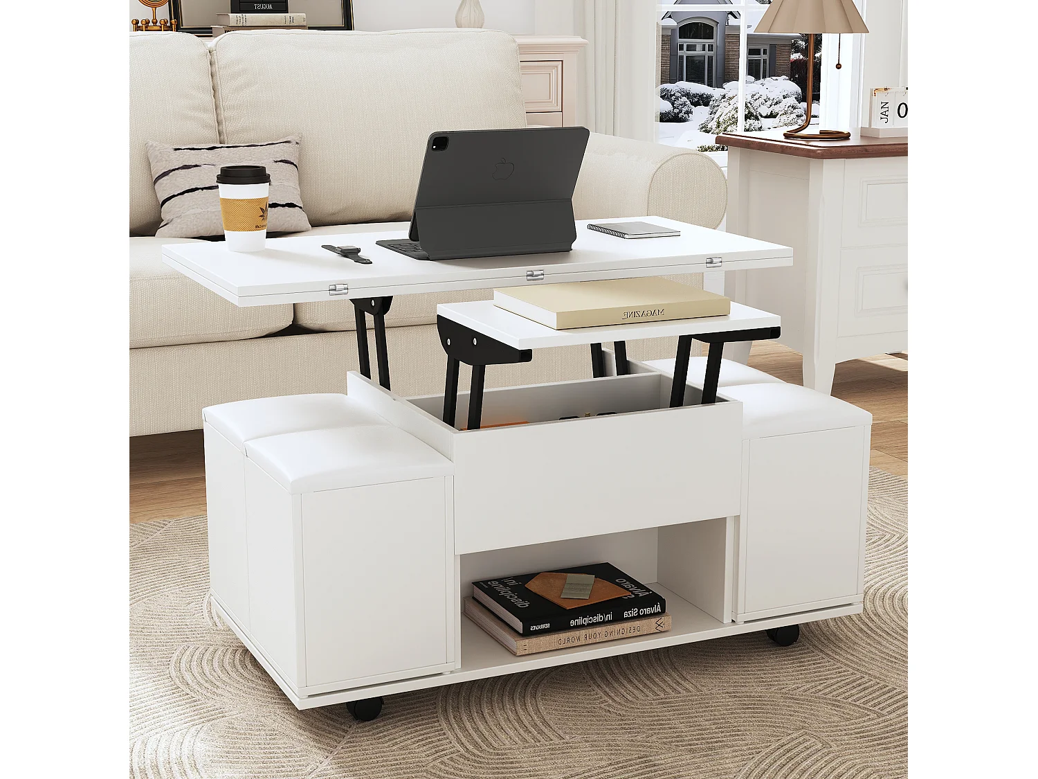Table basse multifonctionnelle réglable, design moderne, MDF, blanc et blanc (100x100x63.5 cm)