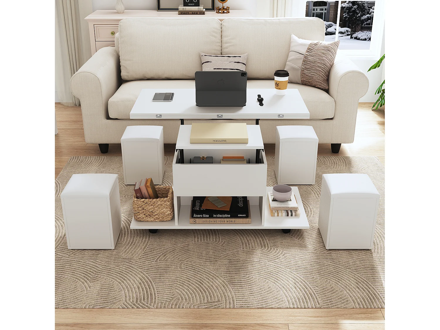 Table basse multifonctionnelle réglable, design moderne, MDF, blanc et blanc (100x100x63.5 cm)