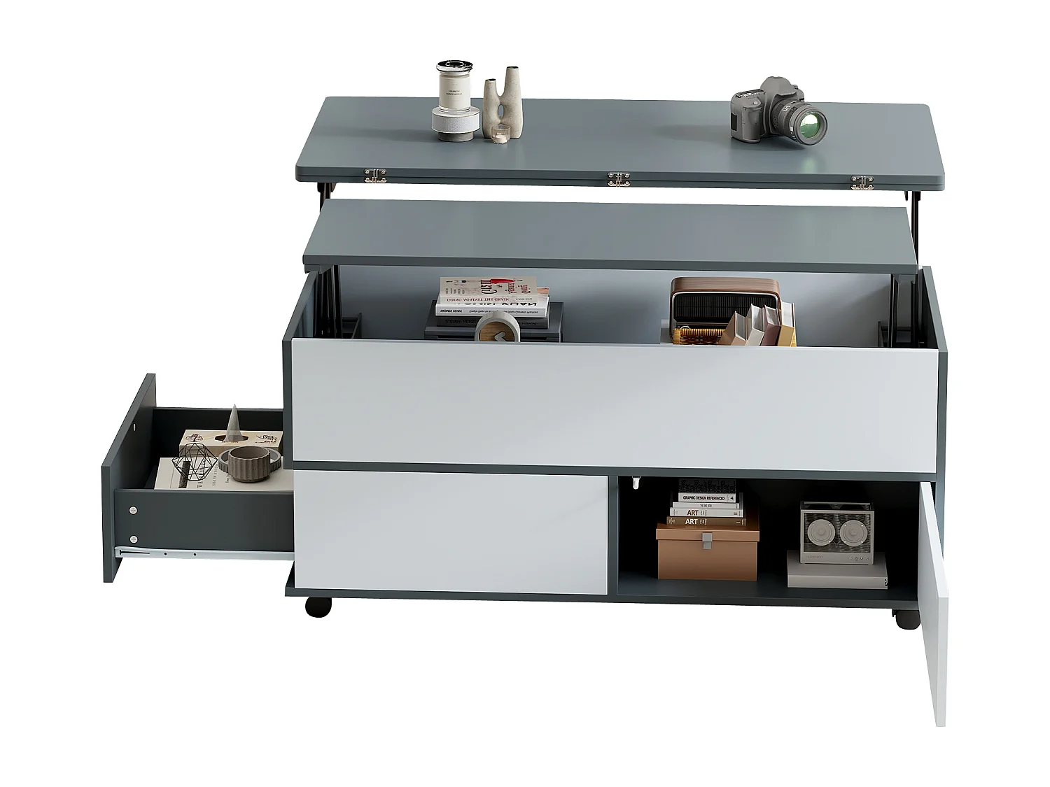 Table basse hydraulique avec 1 tiroir, plateau extensible, rangement, gris et blanc (100x98x65 cm)