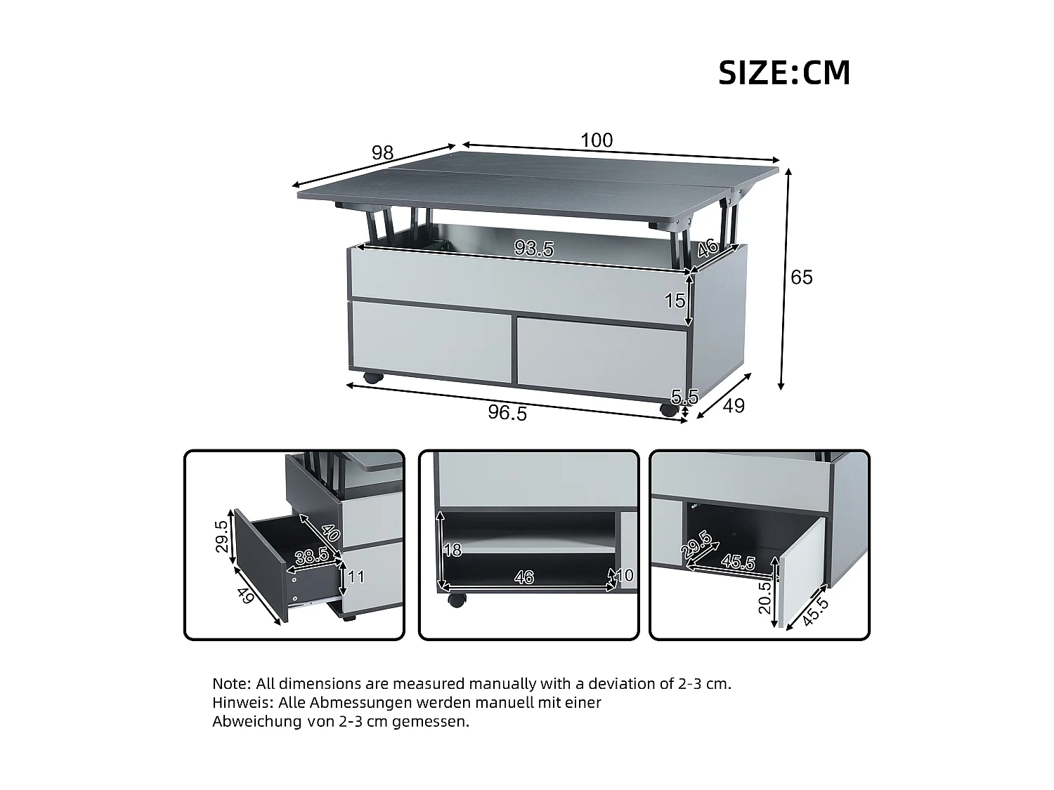 Table basse hydraulique avec 1 tiroir, plateau extensible, rangement, gris et blanc (100x98x65 cm)