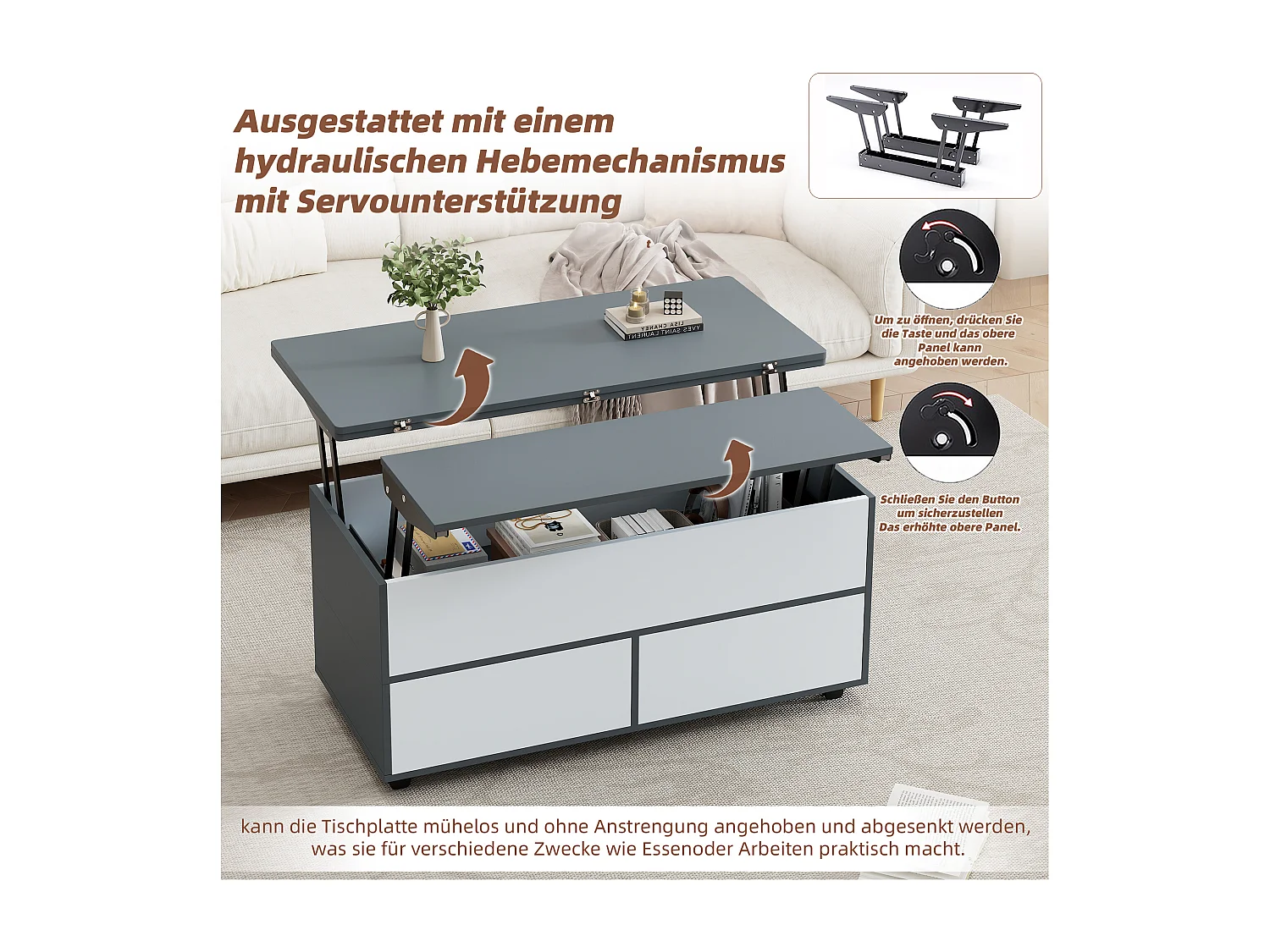 Table basse hydraulique avec 1 tiroir, plateau extensible, rangement, gris et blanc (100x98x65 cm)