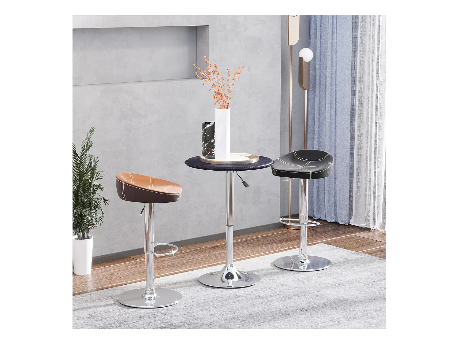 Verstelbare hoge tafel, retro bardesign, verchroomd staal en imitatieleer, zwart (Ø63x67-93 cm)