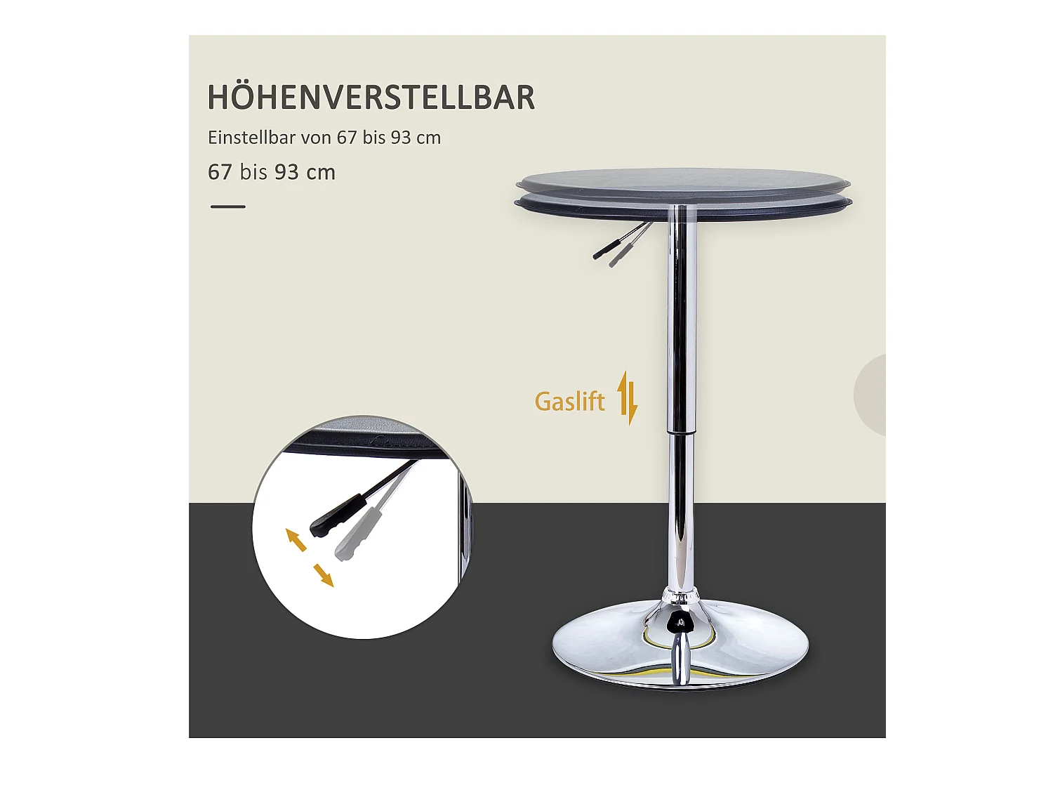Verstelbare hoge tafel, retro bardesign, verchroomd staal en imitatieleer, zwart (Ø63x67-93 cm)