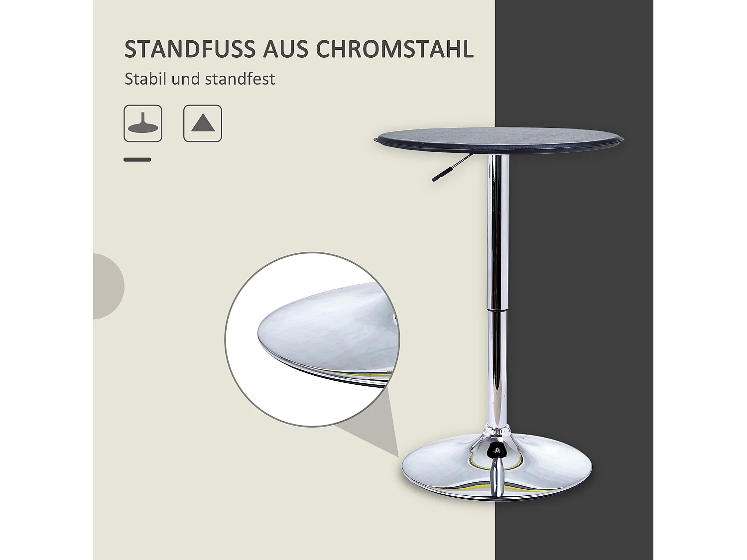 Verstelbare hoge tafel, retro bardesign, verchroomd staal en imitatieleer, zwart (Ø63x67-93 cm)