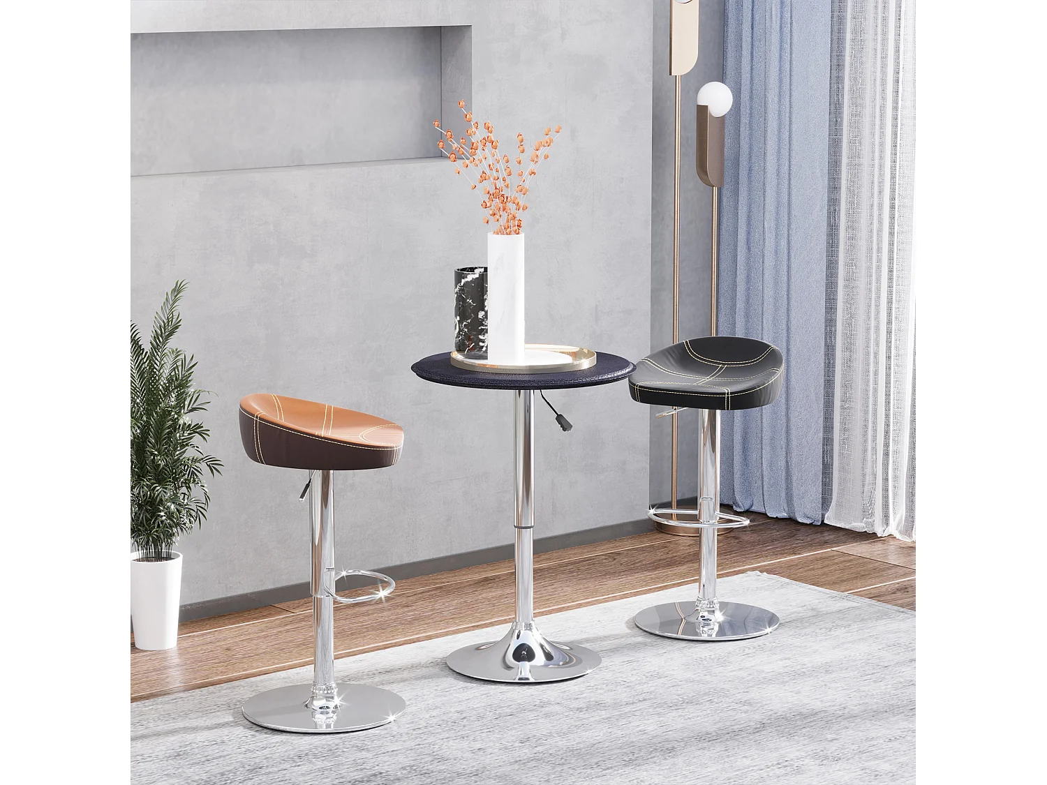 Table haute réglable, design bar rétro, acier chromé et similicuir, noir (Ø63x67-93 cm)