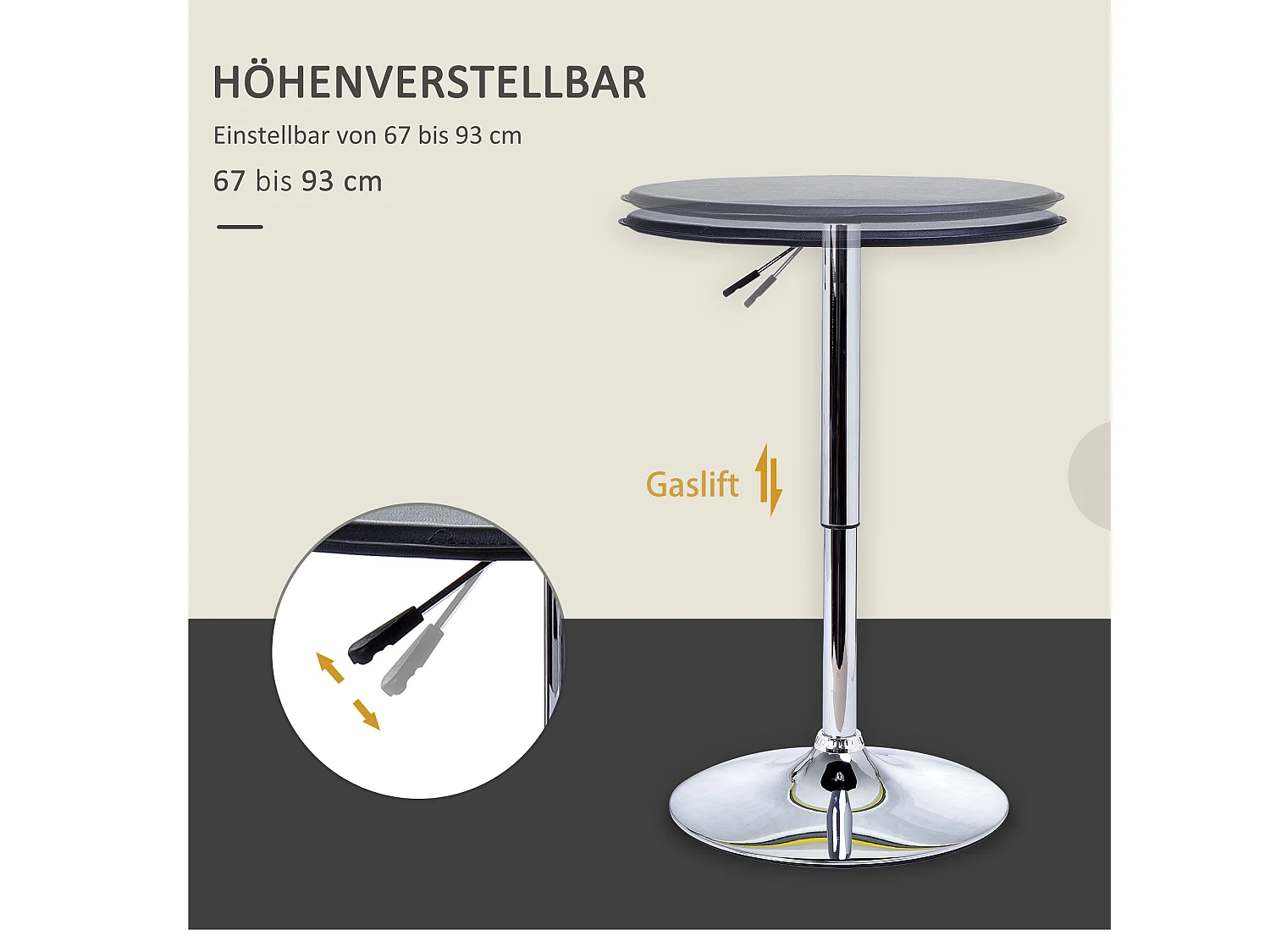 Table haute réglable, design bar rétro, acier chromé et similicuir, noir (Ø63x67-93 cm)