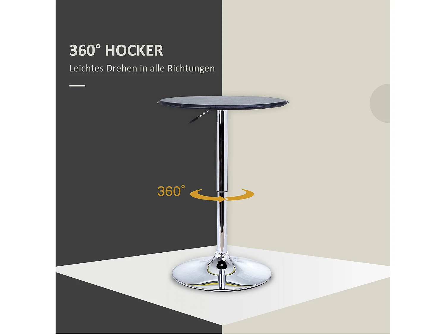 Table haute réglable, design bar rétro, acier chromé et similicuir, noir (Ø63x67-93 cm)