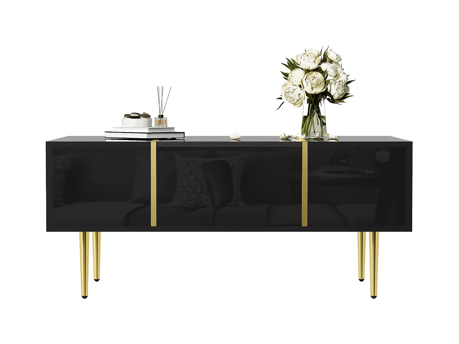 Table basse moderne en finition laquée noir brillant, 2 tiroirs, MDF et métal doré (100x60x41.5 cm)