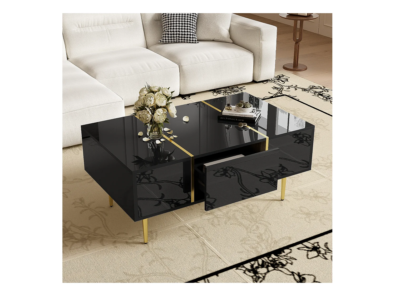 Table basse moderne en finition laquée noir brillant, 2 tiroirs, MDF et métal doré (100x60x41.5 cm)