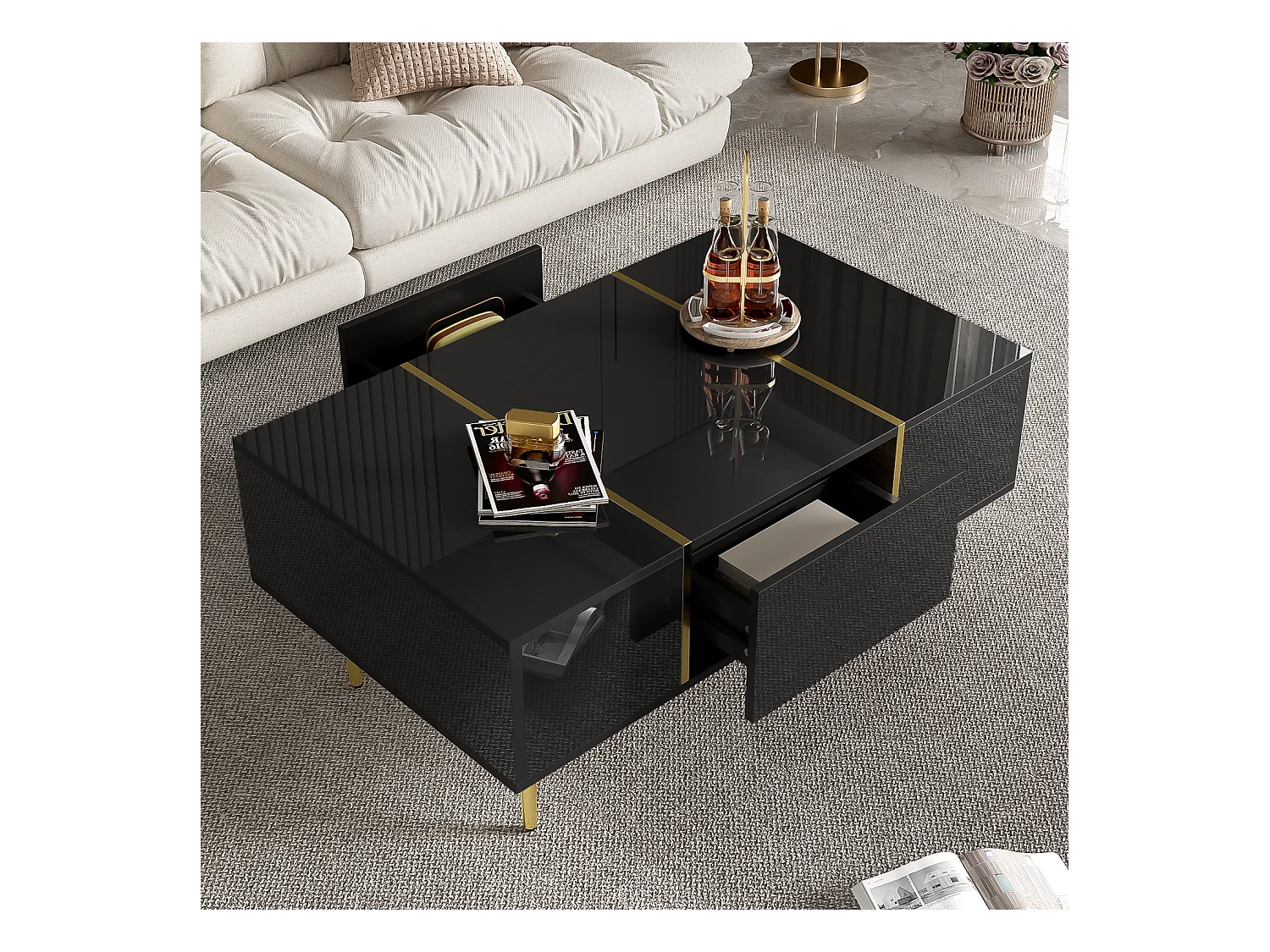 Table basse moderne en finition laquée noir brillant, 2 tiroirs, MDF et métal doré (100x60x41.5 cm)