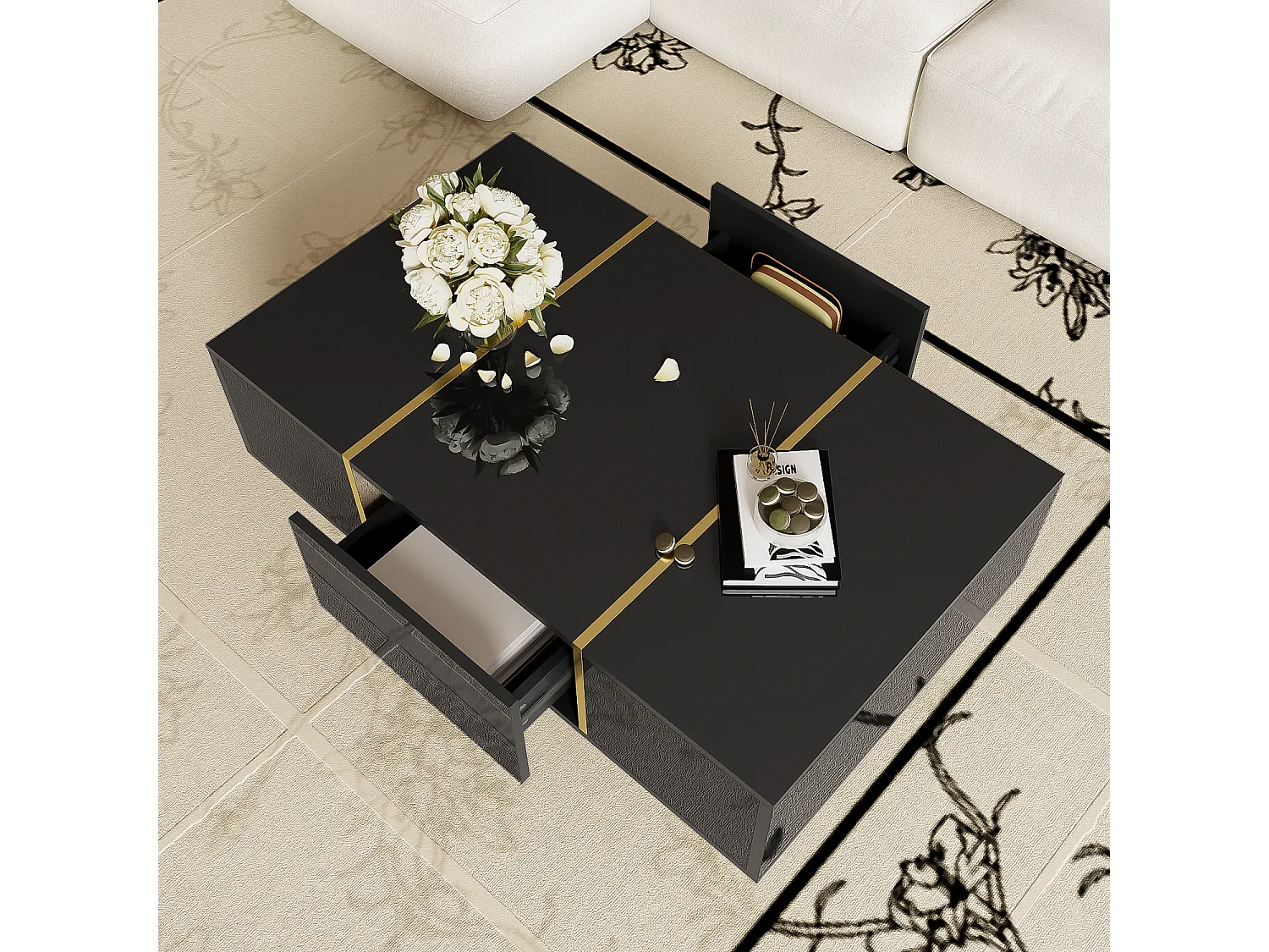 Table basse moderne en finition laquée noir brillant, 2 tiroirs, MDF et métal doré (100x60x41.5 cm)