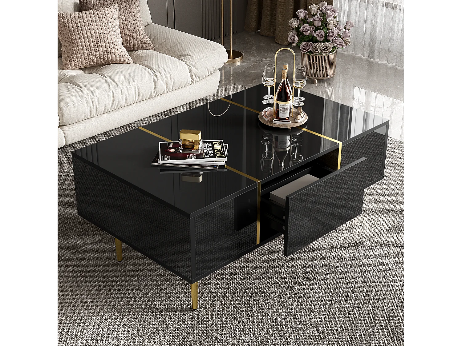 Table basse moderne en finition laquée noir brillant, 2 tiroirs, MDF et métal doré (100x60x41.5 cm)