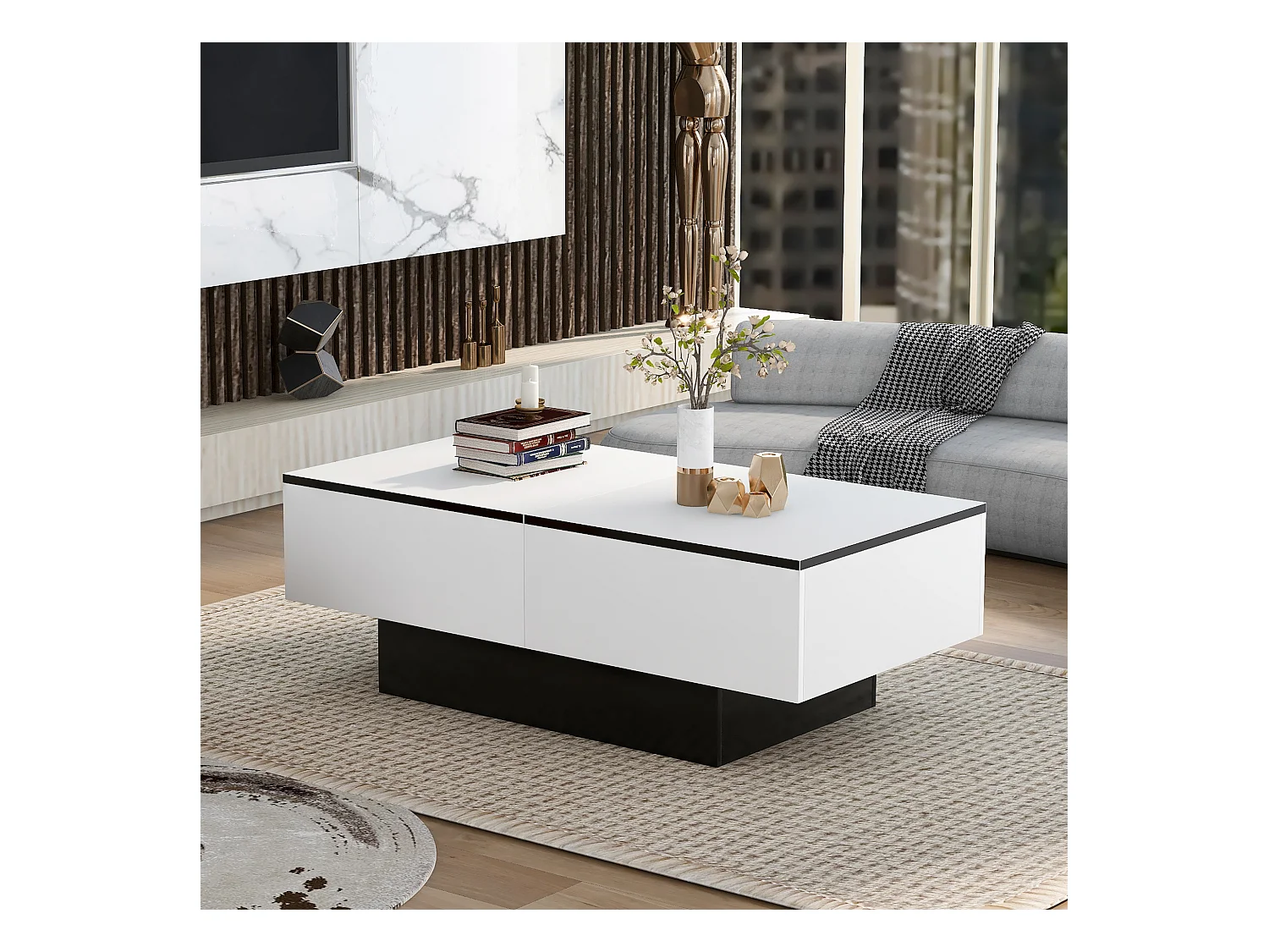 Table basse extensible avec rangement, finition laquée, MDF, blanc (102x60x40 cm)