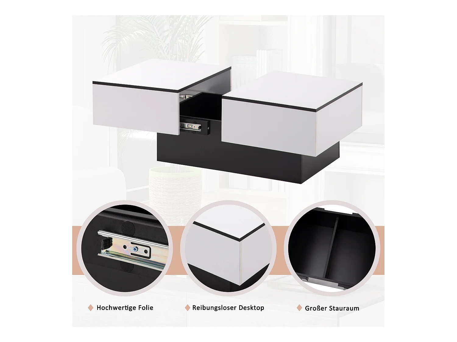 Table basse extensible avec rangement, finition laquée, MDF, blanc (102x60x40 cm)