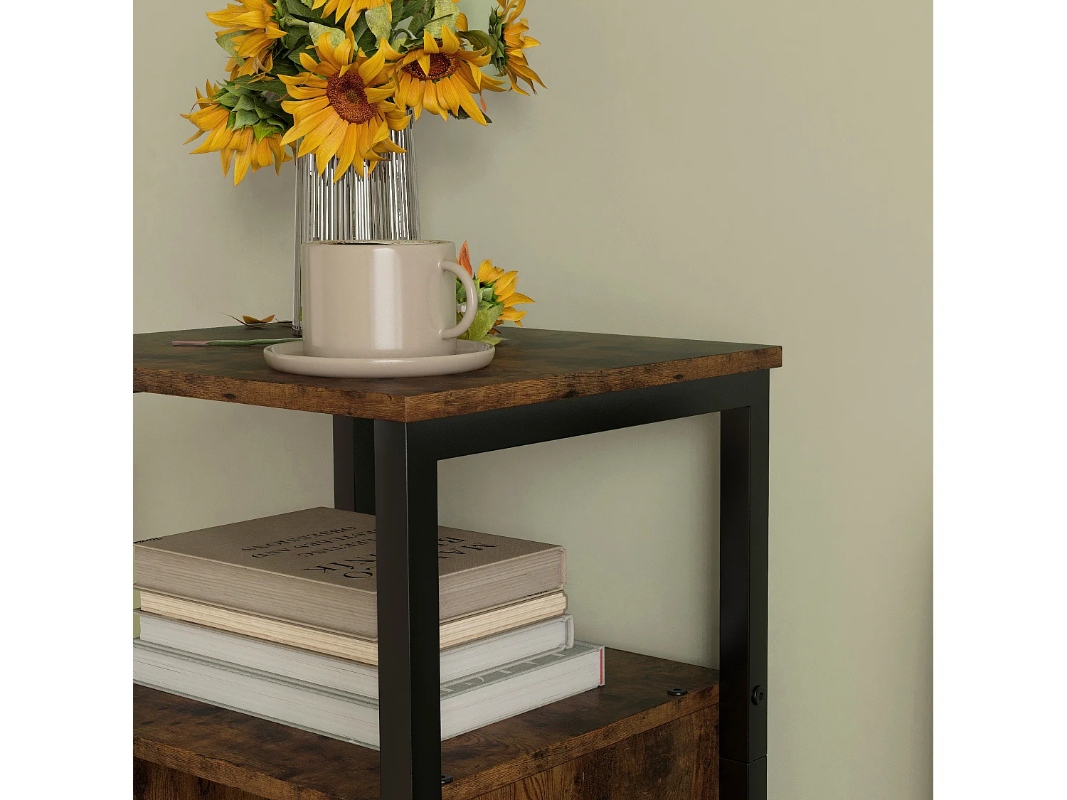 Table d'appoint industrielle avec étagère réglable, contreplaqué et métal, marron rustique (34x30x80cm)