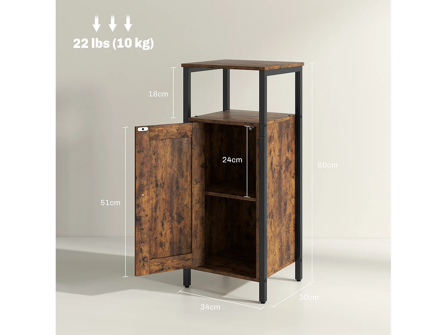 Table d'appoint industrielle avec étagère réglable, contreplaqué et métal, marron rustique (34x30x80cm)