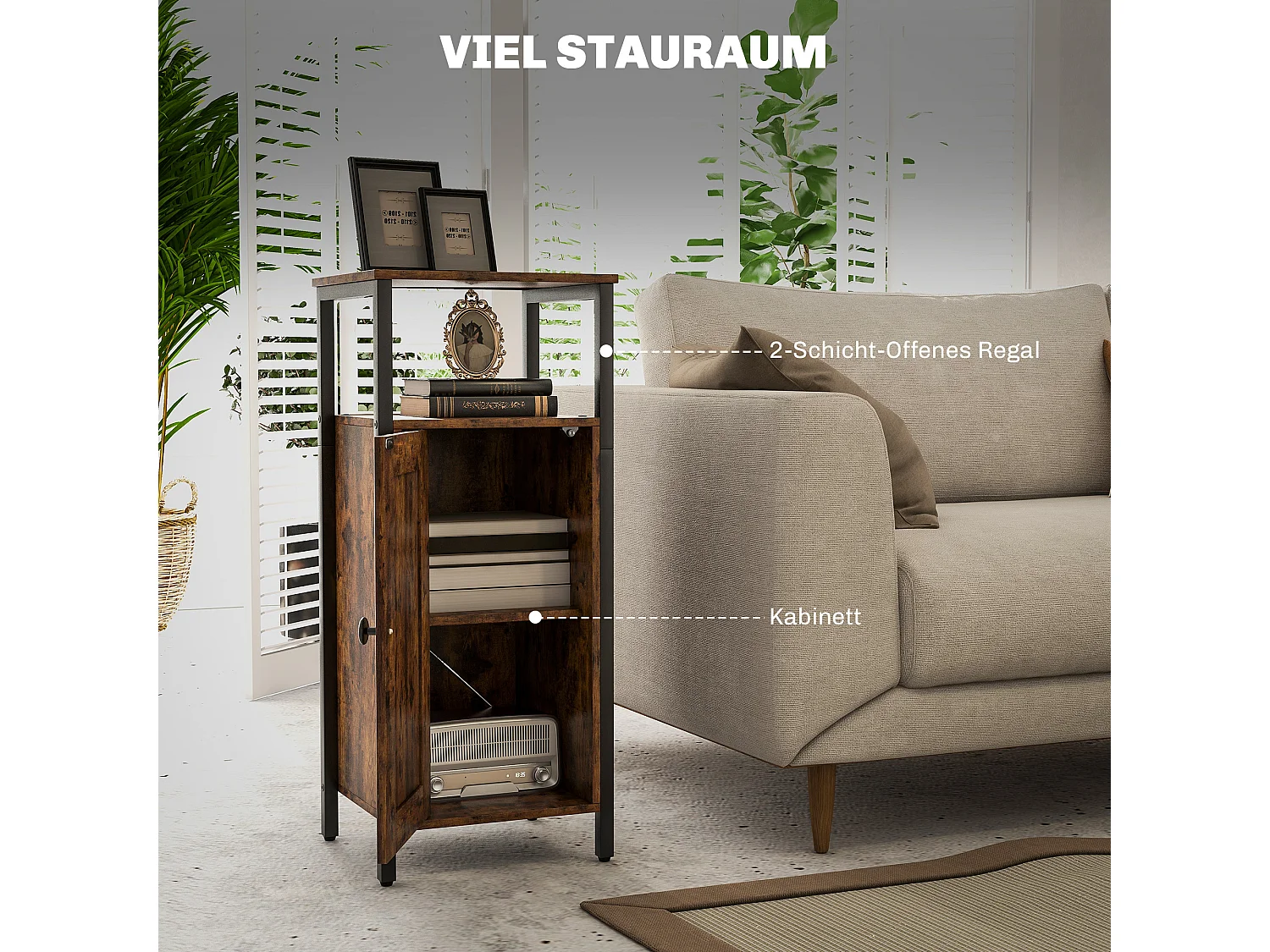 Table d'appoint industrielle avec étagère réglable, contreplaqué et métal, marron rustique (34x30x80cm)