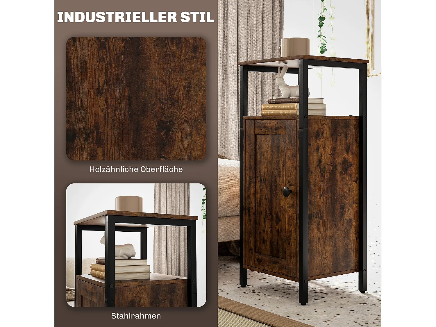 Table d'appoint industrielle avec étagère réglable, contreplaqué et métal, marron rustique (34x30x80cm)