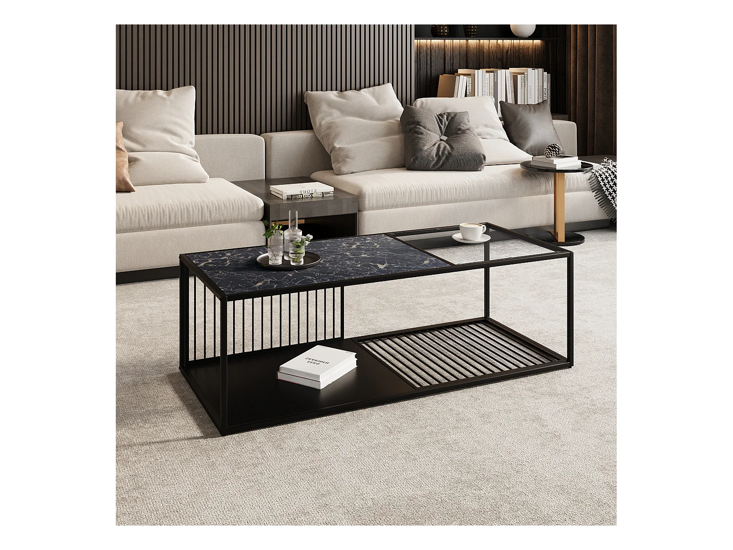 Metalen salontafel met glas, elegant design, veel opbergruimte, 110x48x35 cm