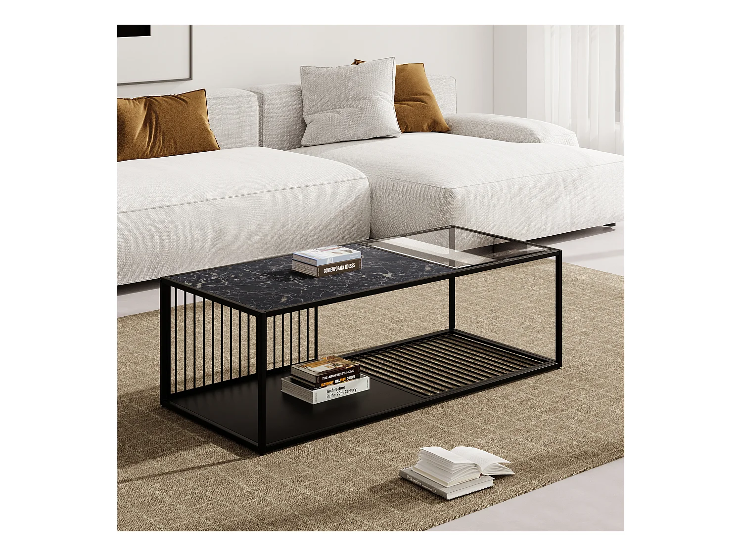 Metalen salontafel met glas, elegant design, veel opbergruimte, 110x48x35 cm